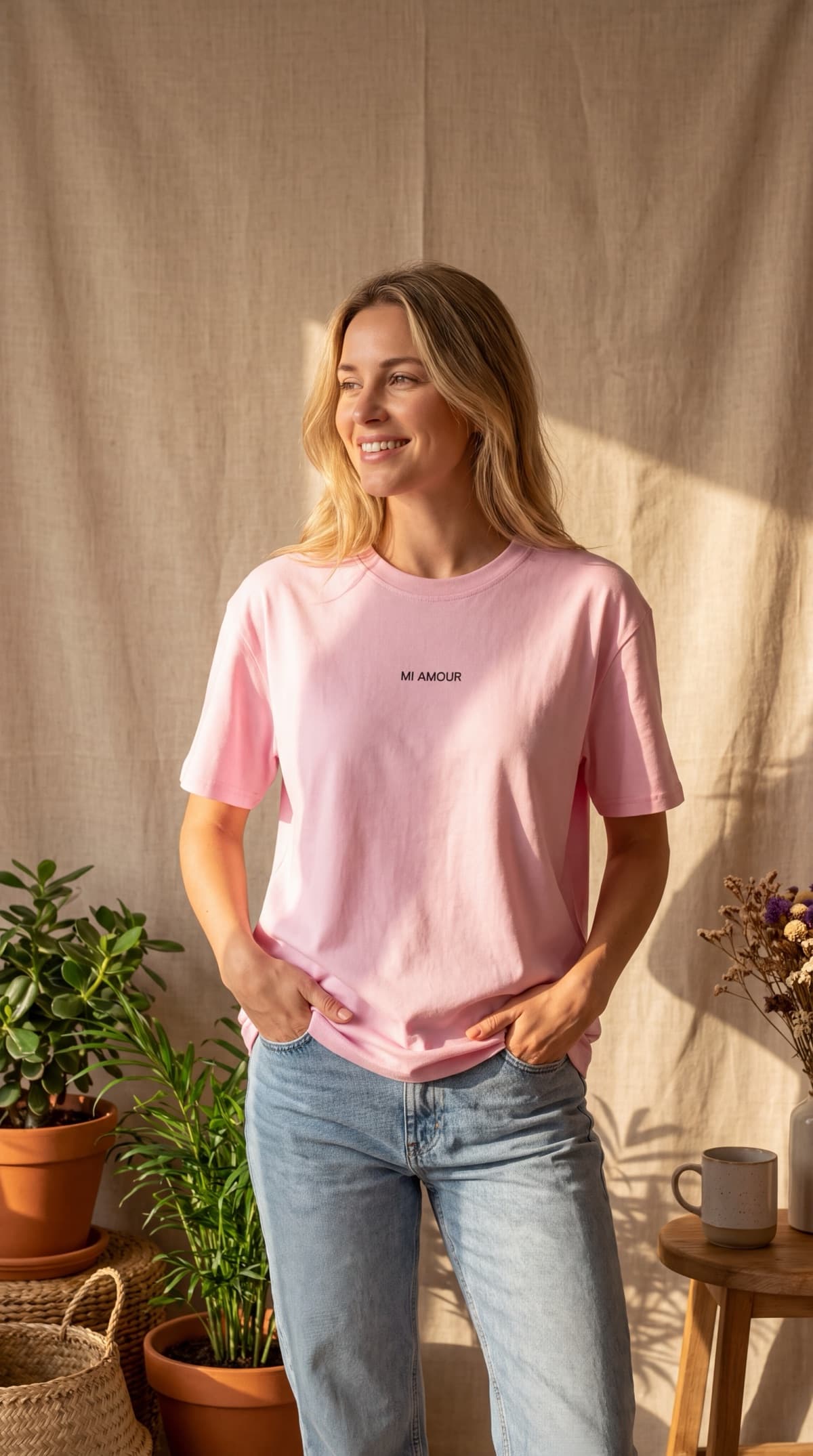 Visuel généré par Mireo : le même t-shirt rose Mi Amour porté avec un jean, entre des plantes